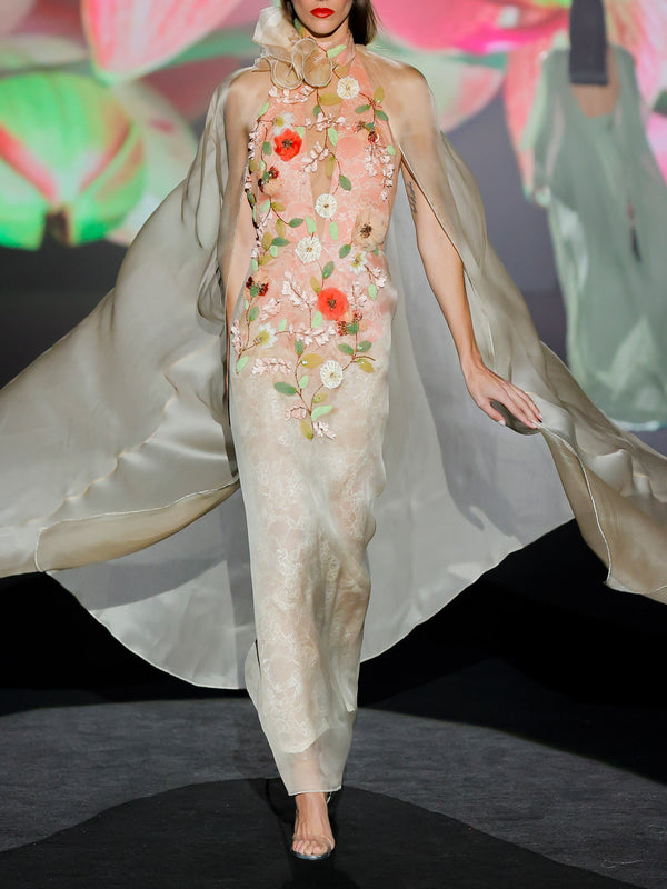 LOOK 1 INFINITY | Long printed chiffon dress with asymmetrical neckline