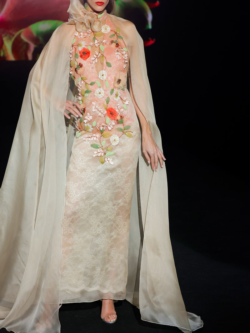 LOOK 1 INFINITY | Long printed chiffon dress with asymmetrical neckline