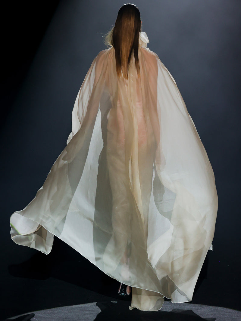 LOOK 1 INFINITY | Long printed chiffon dress with asymmetrical neckline