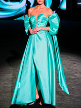 LOOK 36 Vestido MARIVENT & Mangas MISHA | Vestido de fiesta en mikado menta con cuerpo corsé y falda voluminosa con abertura