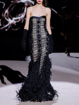 LOOK 3 Vestido NOBILE | Vestido de fiesta sirena bordado con azabaches, flecos y amplia falda de gasa de seda