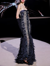 LOOK 3 Vestido NOBILE | Vestido de fiesta sirena bordado con azabaches, flecos y amplia falda de gasa de seda