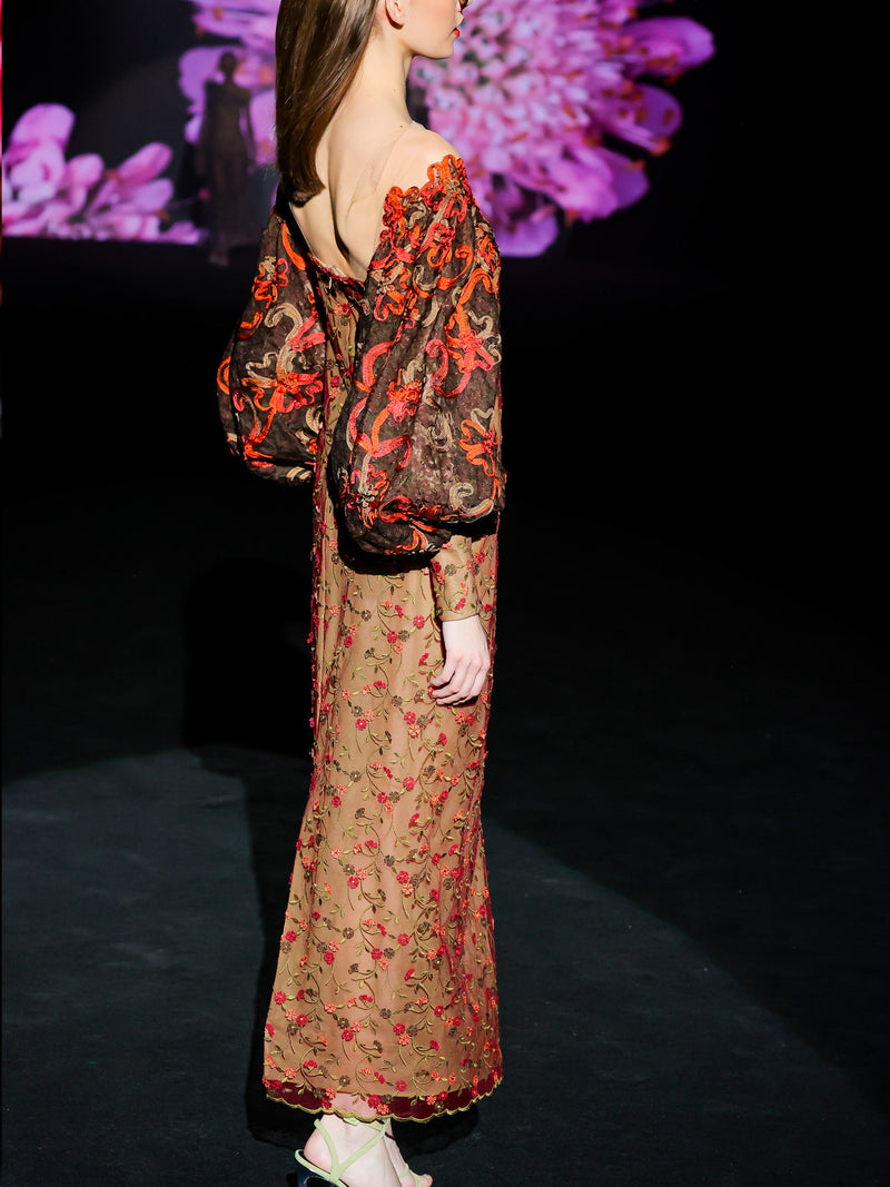 LOOK 1 INFINITY | Long printed chiffon dress with asymmetrical neckline