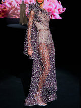 LOOK 1 INFINITY | Long printed chiffon dress with asymmetrical neckline