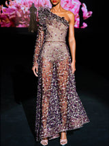 LOOK 1 INFINITY | Long printed chiffon dress with asymmetrical neckline