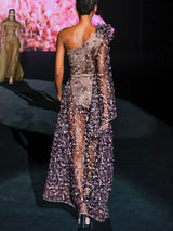 LOOK 1 INFINITY | Long printed chiffon dress with asymmetrical neckline