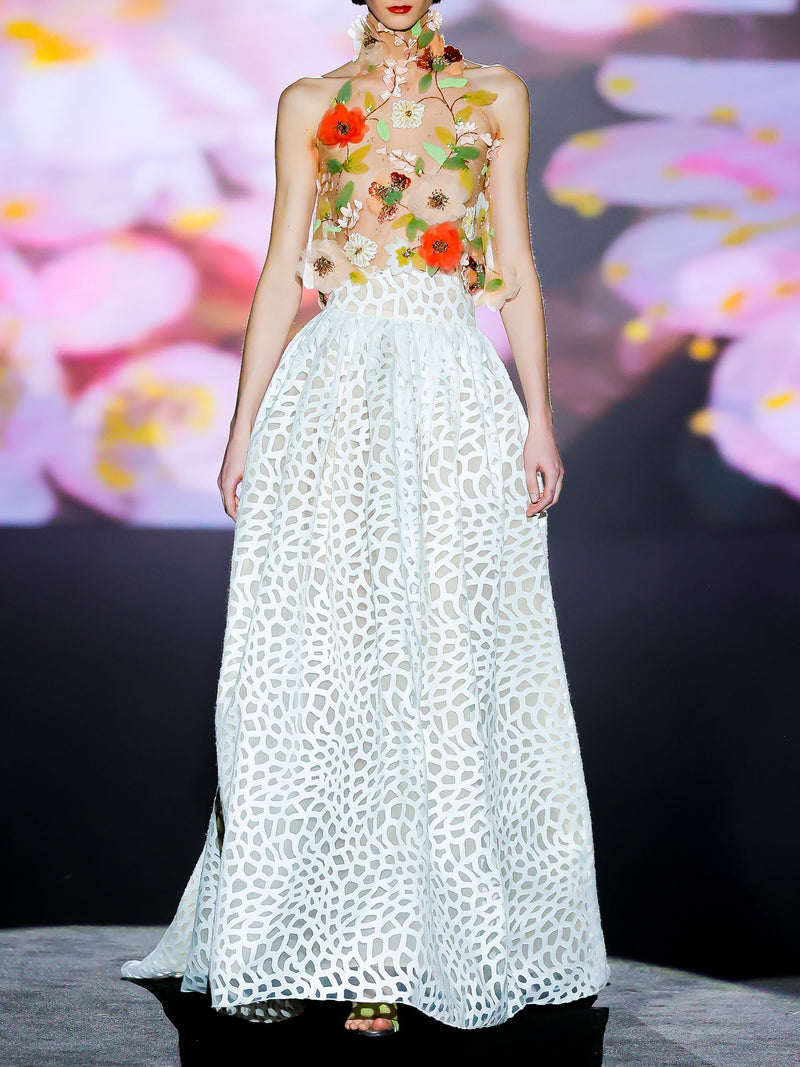 LOOK 1 INFINITY | Long printed chiffon dress with asymmetrical neckline