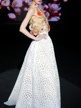 LOOK 1 INFINITY | Long printed chiffon dress with asymmetrical neckline