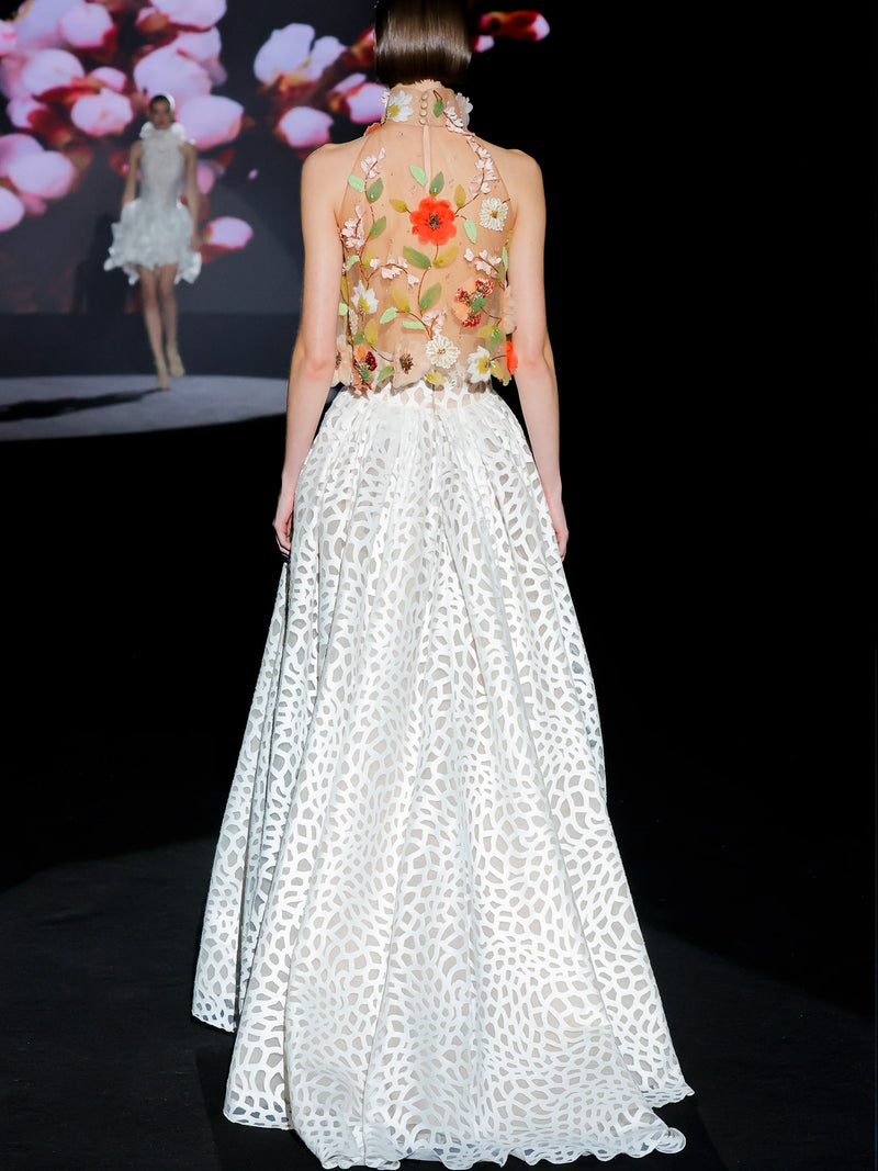 LOOK 1 INFINITY | Long printed chiffon dress with asymmetrical neckline
