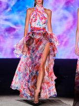 LOOK 9 Vestido MAGNOLIA | Vestido de fiesta con cuerpo halter drapeado en satén estampado y falda voluminosa en organza pétalo