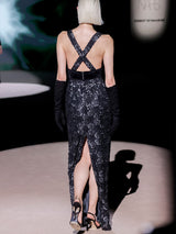 LOOK 9 Vestido NOIR | Vestido de fiesta largo bordado con azabaches y lentejuelas, escote en V y fajín de terciopelo