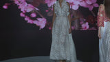 LOOK 1 INFINITY | Long printed chiffon dress with asymmetrical neckline