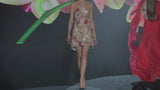 LOOK 1 INFINITY | Long printed chiffon dress with asymmetrical neckline